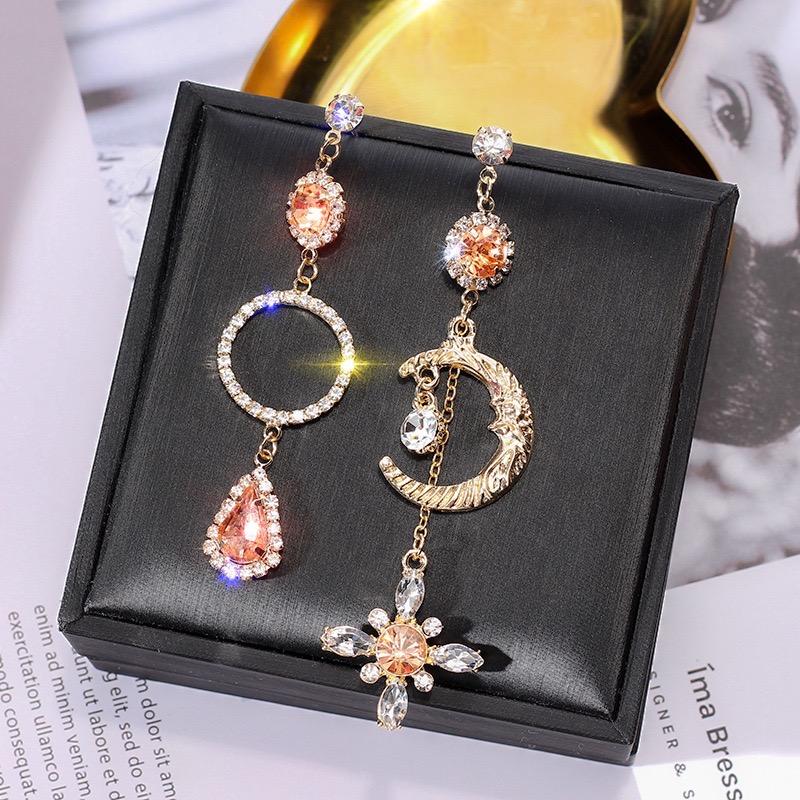 Asymmetric Sun and Moon Sparkling Long Earrings
