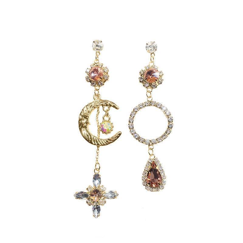 Asymmetric Sun and Moon Sparkling Long Earrings