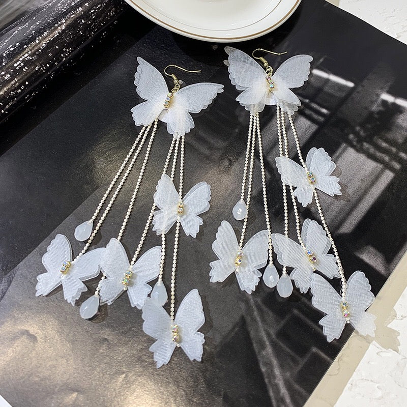 Bohemia Big Lace Butterfly with Multi String Butterfly Tassel Earrings