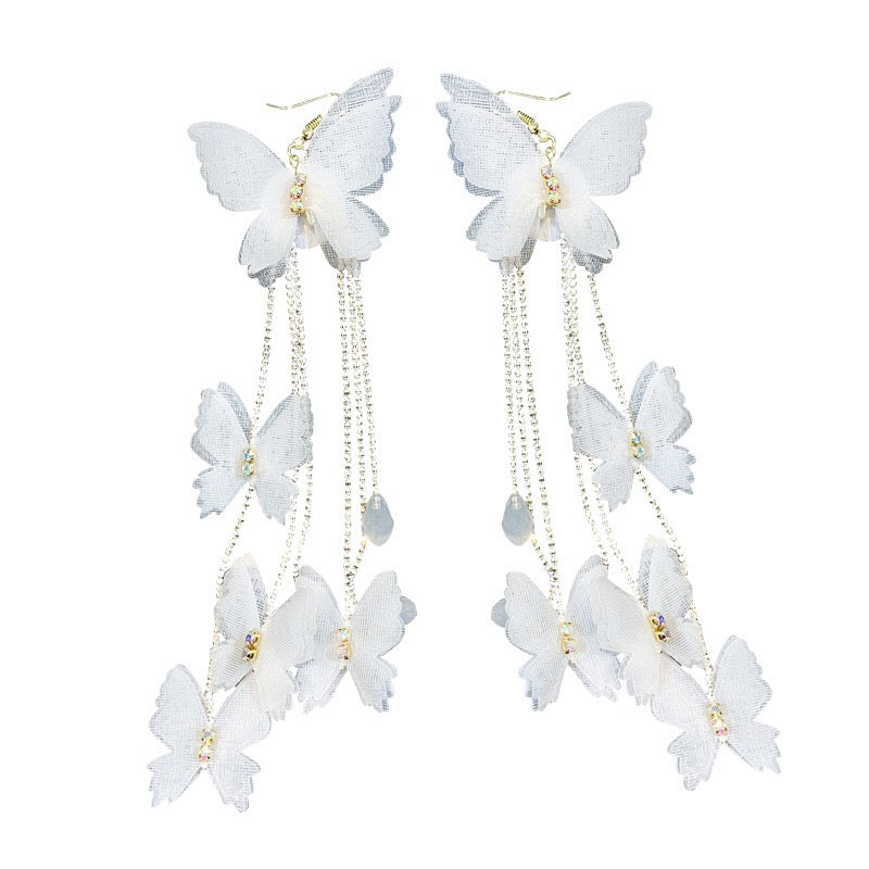 Bohemia Big Lace Butterfly with Multi String Butterfly Tassel Earrings