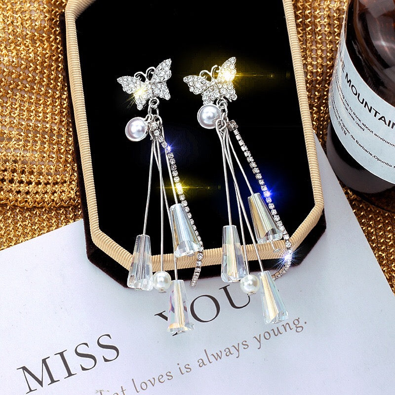 Butterfly with Pearl and Crystal Tassel Earrings