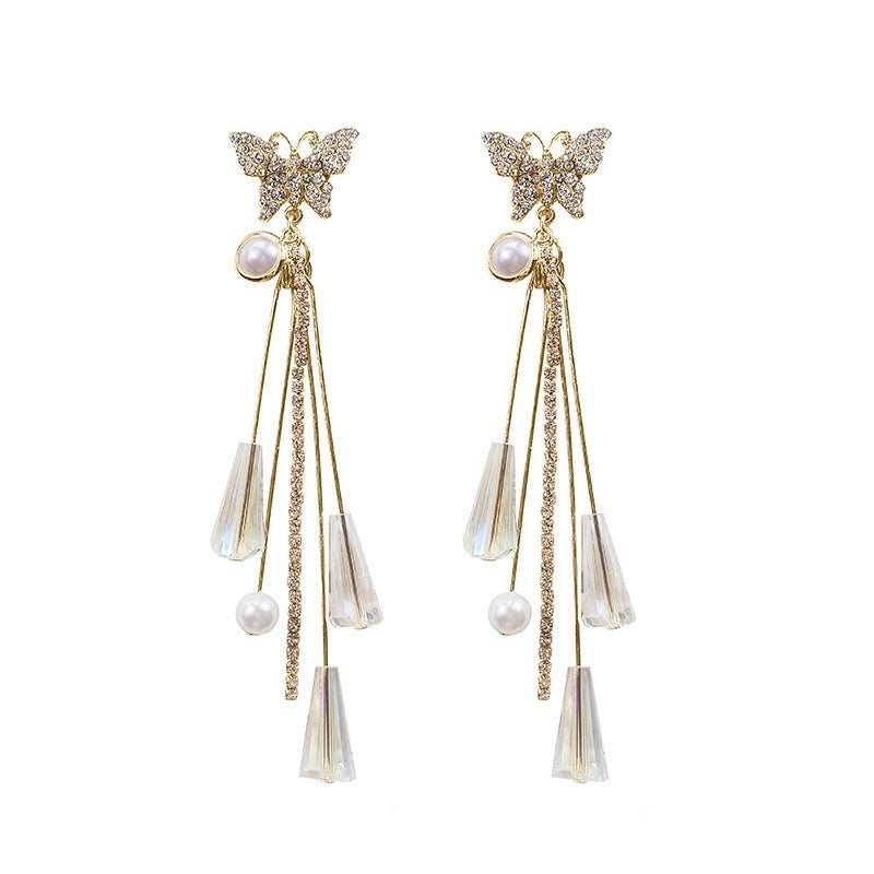 Butterfly with Pearl and Crystal Tassel Earrings