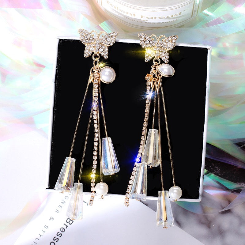Butterfly with Pearl and Crystal Tassel Earrings