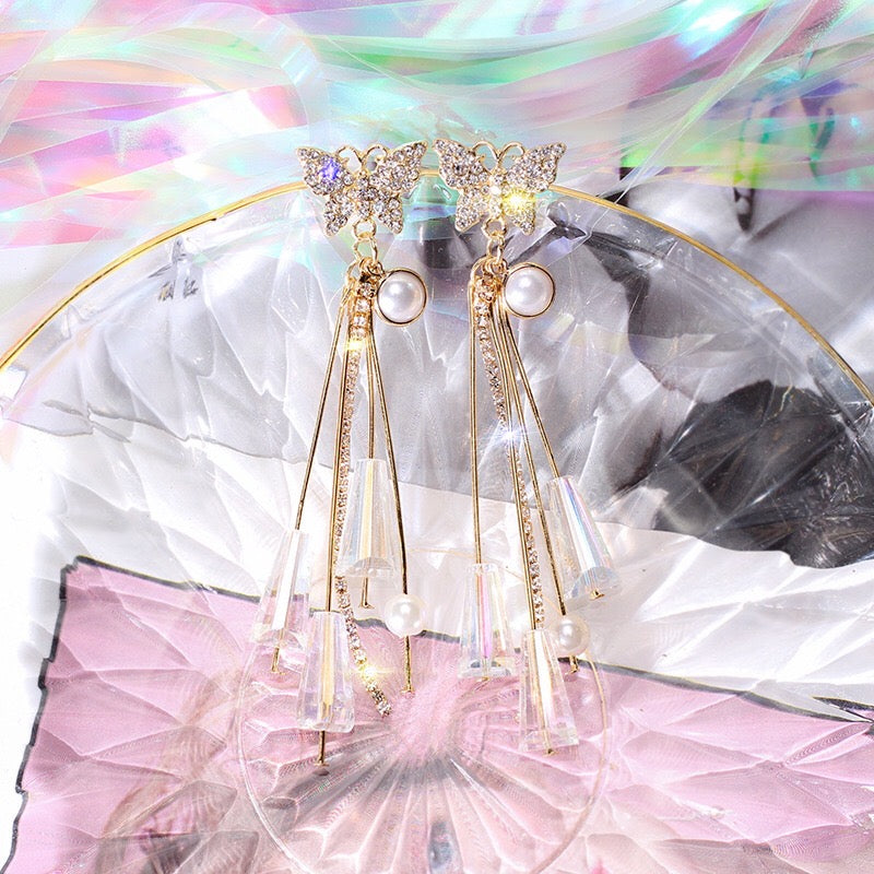 Butterfly with Pearl and Crystal Tassel Earrings