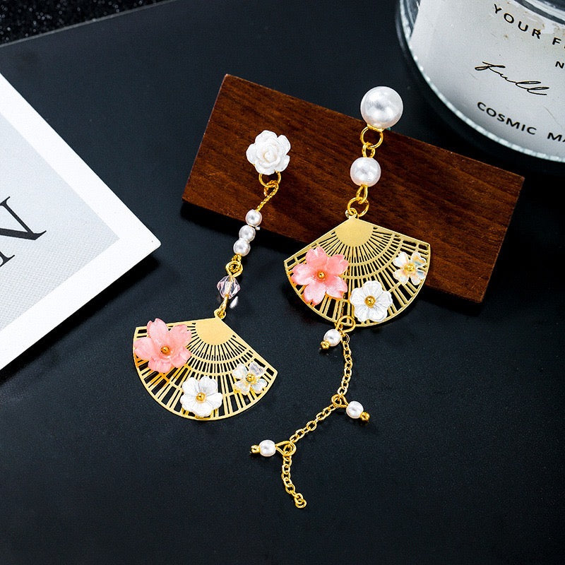 Asymmetric Oriental Flower-on-Fan Earrings