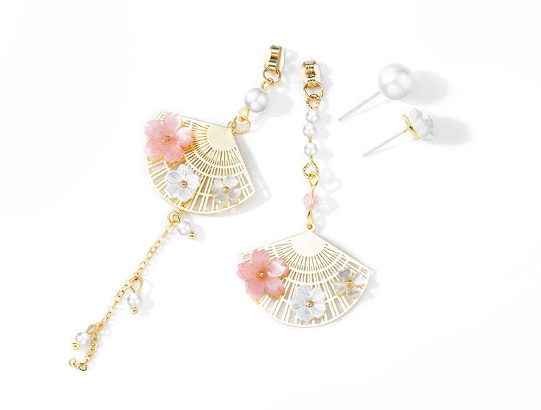 Asymmetric Oriental Flower-on-Fan Earrings