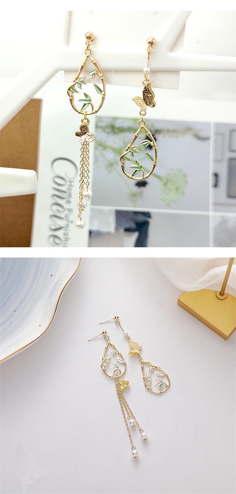 Asymmetric Butterfly and Bamboo with Pearls Earrings