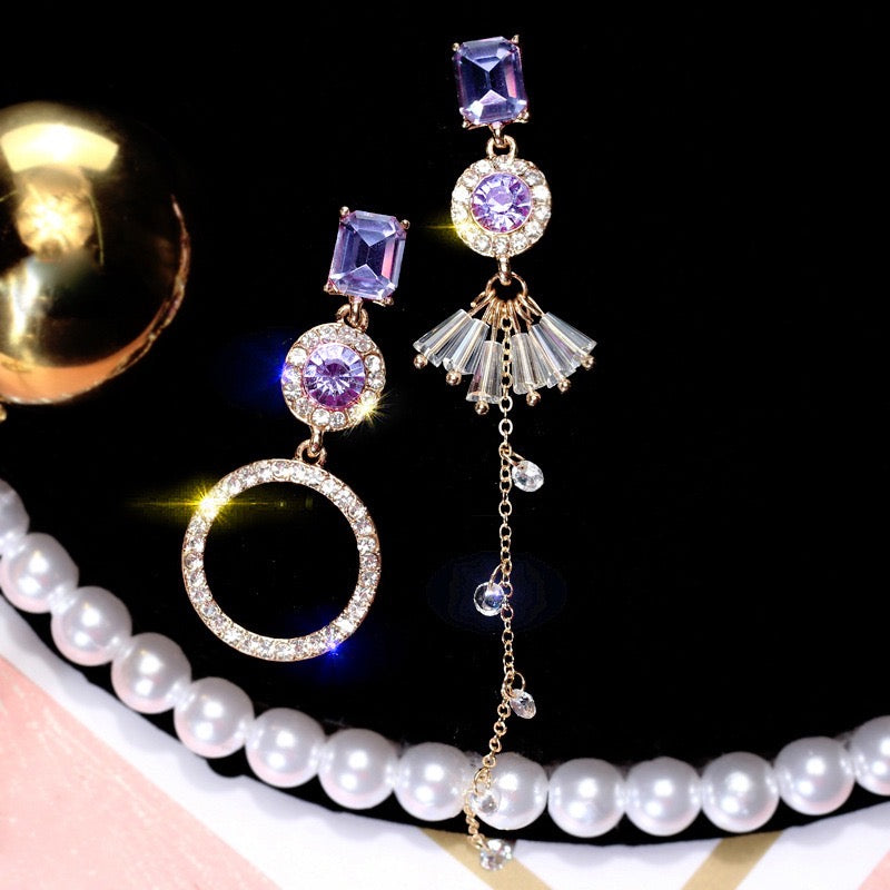 Shining Asymmetric Purple Square and Circle with Tassels Earrings