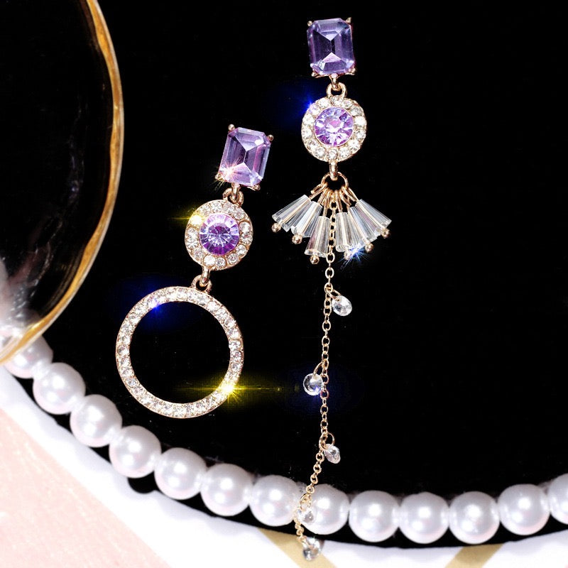 Shining Asymmetric Purple Square and Circle with Tassels Earrings