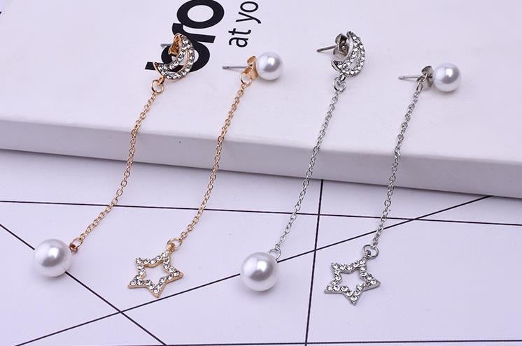 Asymmetric Moon and Star with Pearl Earrings