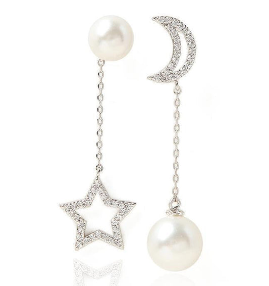 Asymmetric Moon and Star with Pearl Earrings