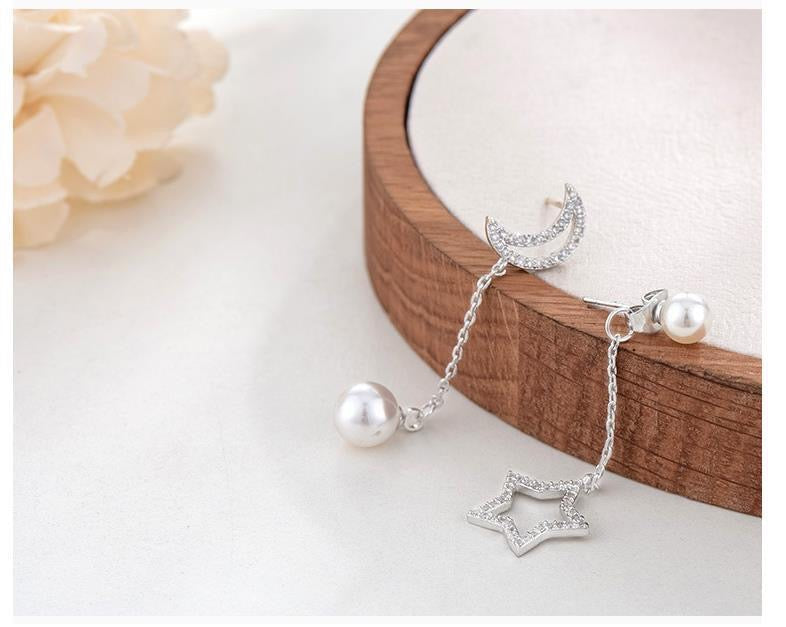 Asymmetric Moon and Star with Pearl Earrings