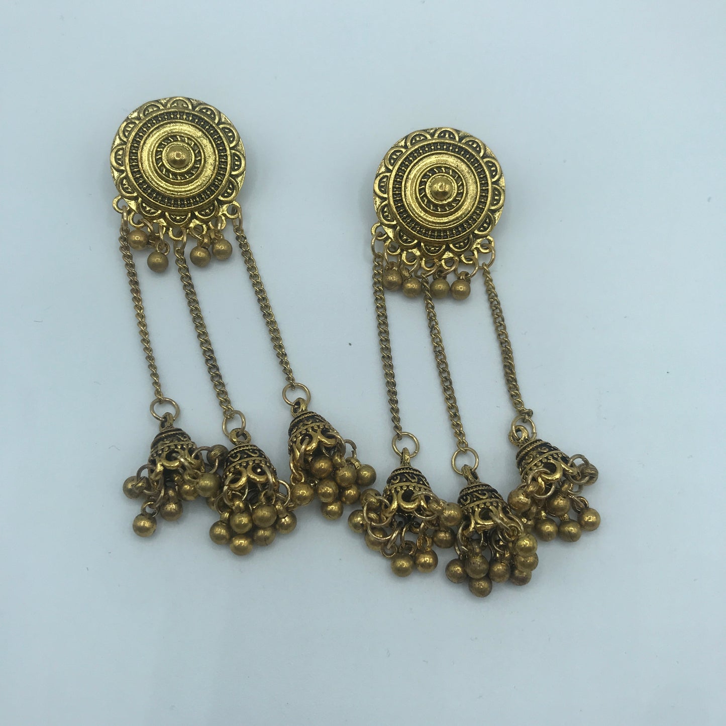 Vintage sunflower triple bell tassel earrings