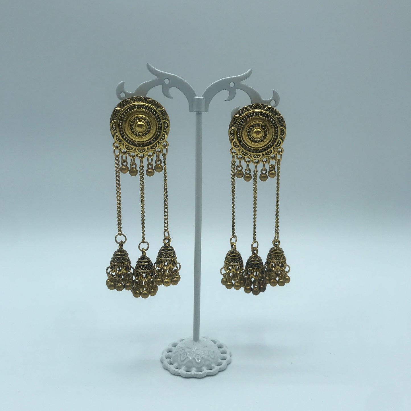 Vintage sunflower triple bell tassel earrings