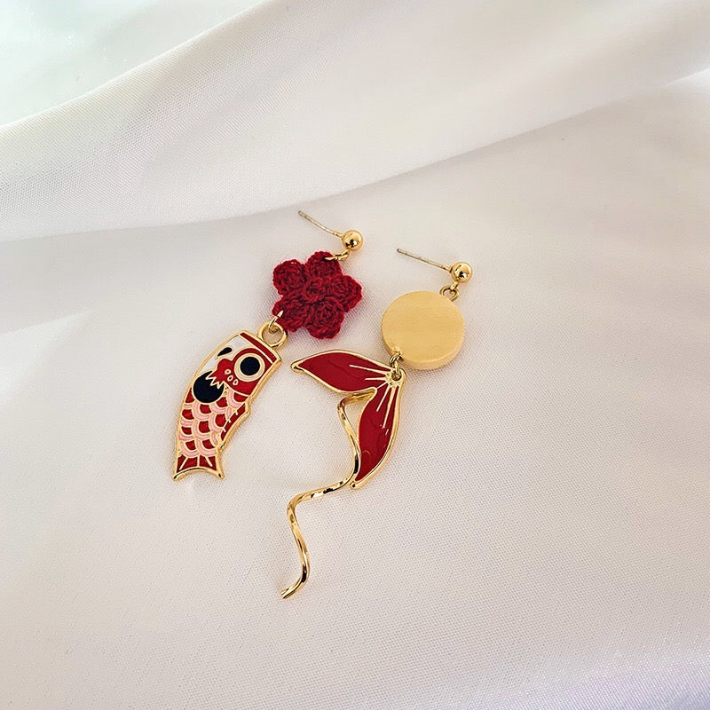 Asymmetric Red Koi Earrings