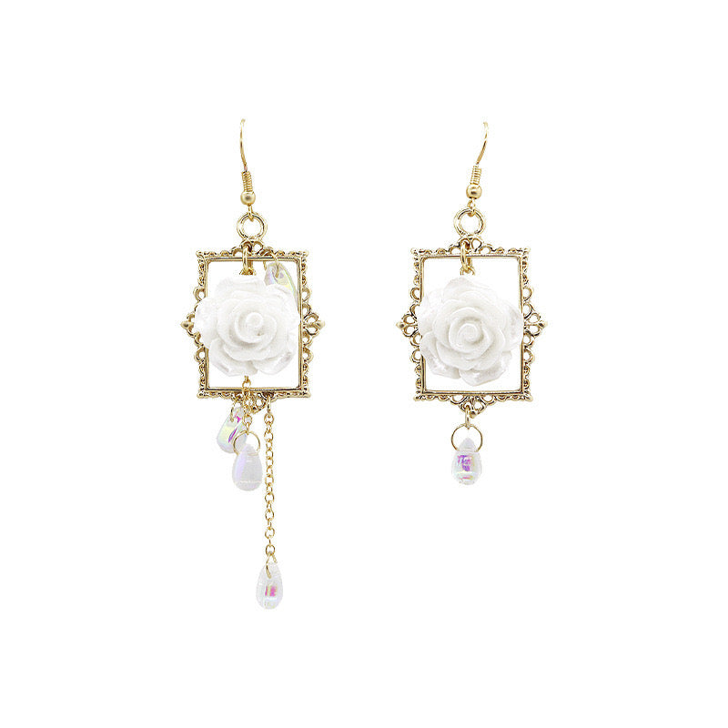 Asymmetric Rose-in-Photo Frame with Pearl Tassel Earrings