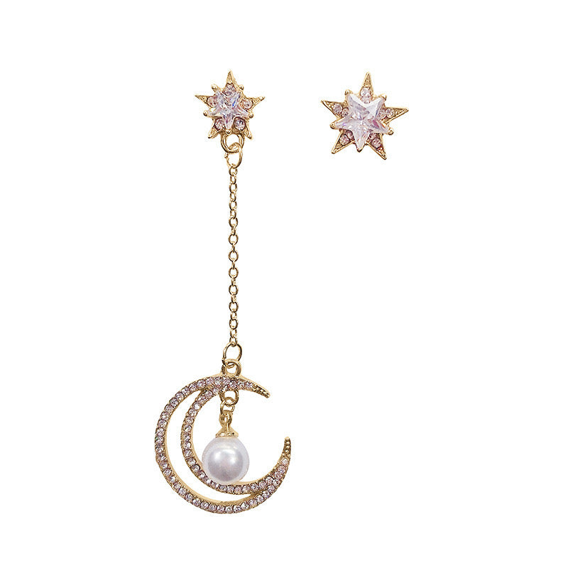Asymmetric Star with Moon Tassel Earrings