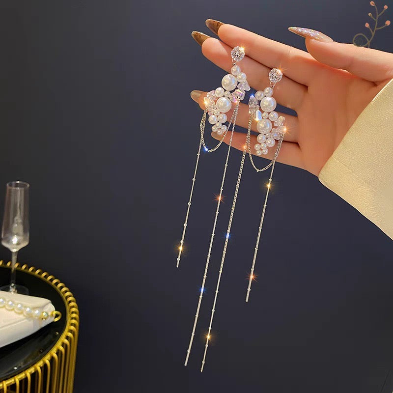 Dramatic Pearls and Crystals with Super Long Tassel Earrings