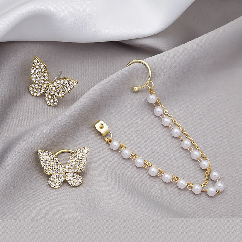 Asymmetric Butterfly Earring with Pearl Ear Clip