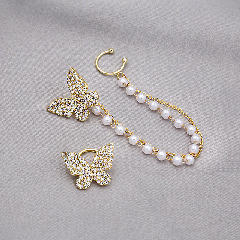 Asymmetric Butterfly Earring with Pearl Ear Clip