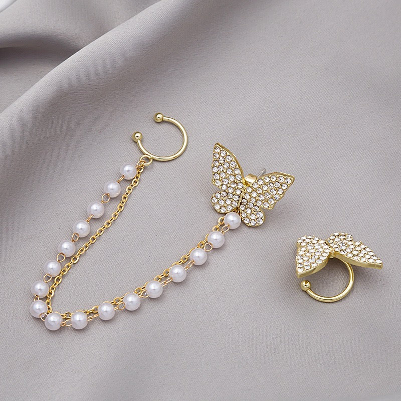 Asymmetric Butterfly Earring with Pearl Ear Clip