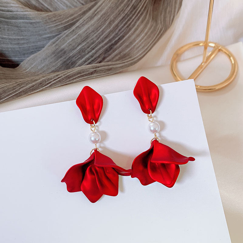 Drip Glaze Flower Pedals with Pearl Short Earrings