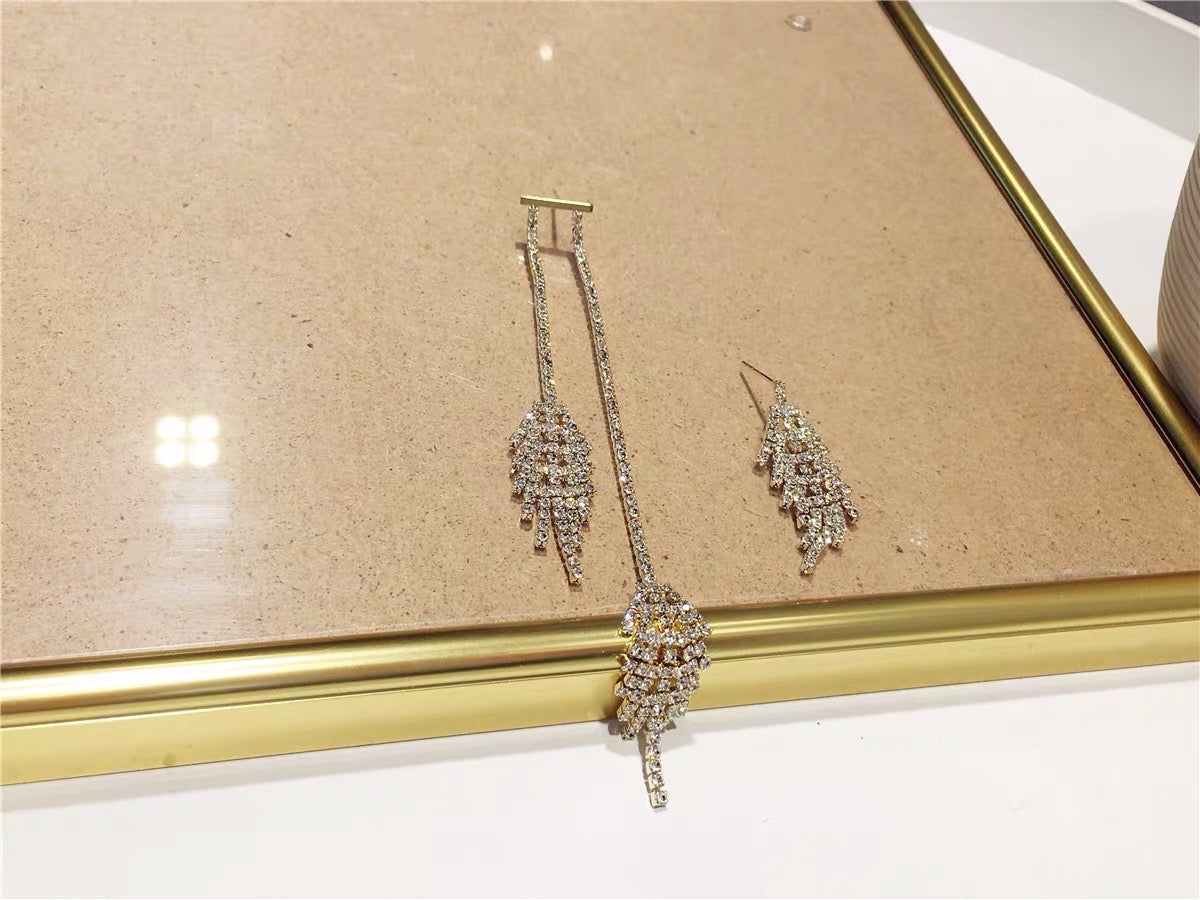 Asymmetric Shining Rhinestones Feather-Shape Earrings