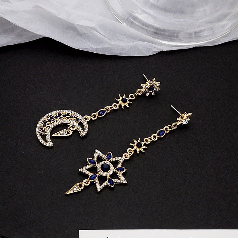 Asymmetric Eight-Pointed Start with Sapphire Moon and Star Earrings