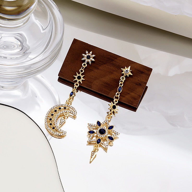 Asymmetric Eight-Pointed Start with Sapphire Moon and Star Earrings