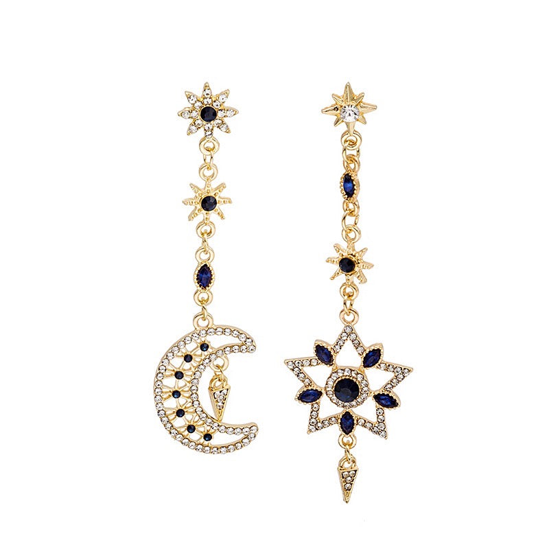 Asymmetric Eight-Pointed Start with Sapphire Moon and Star Earrings