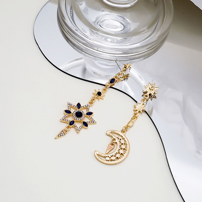 Asymmetric Eight-Pointed Start with Sapphire Moon and Star Earrings