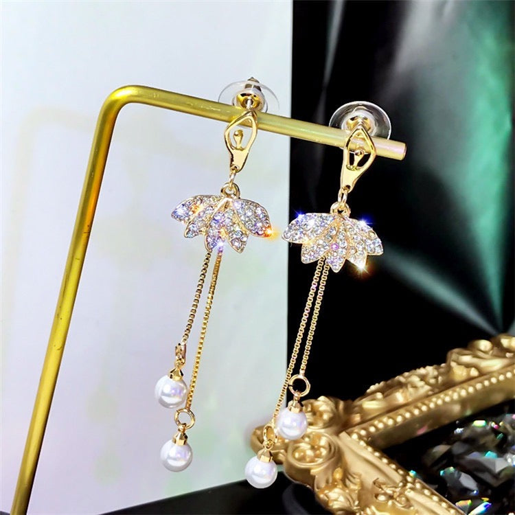 Shinning Lotus with Dual Pear Tassels Long Earrings
