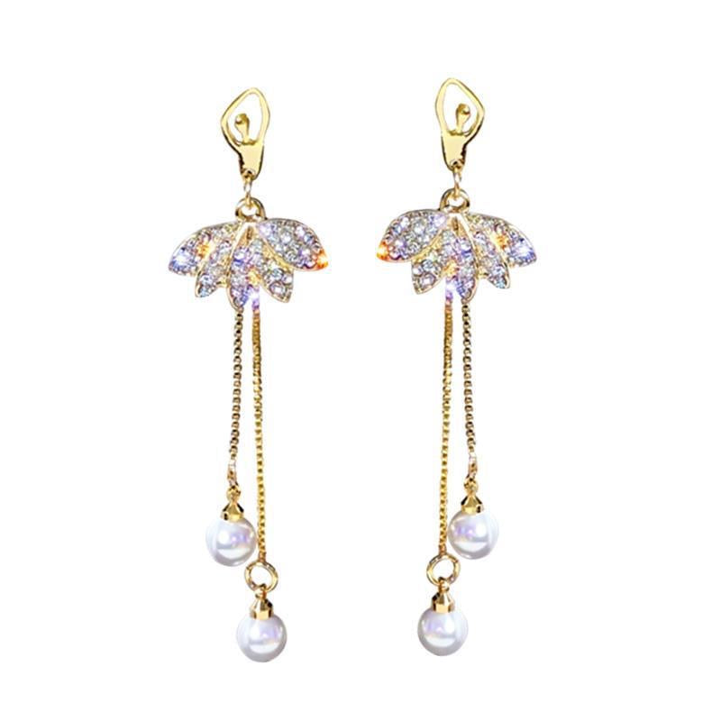 Shinning Lotus with Dual Pear Tassels Long Earrings