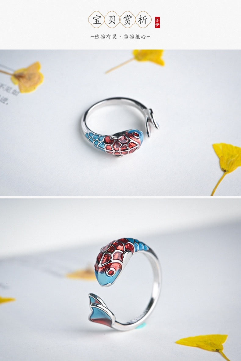 Adjustable Enamel Koi Bring Luck Open Ring