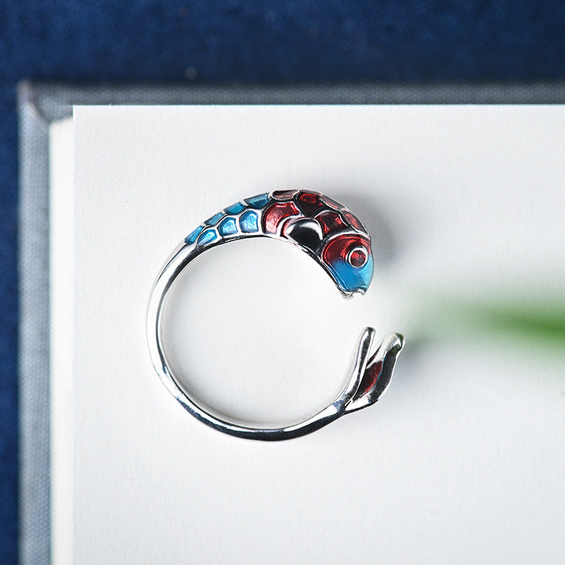 Adjustable Enamel Koi Bring Luck Open Ring