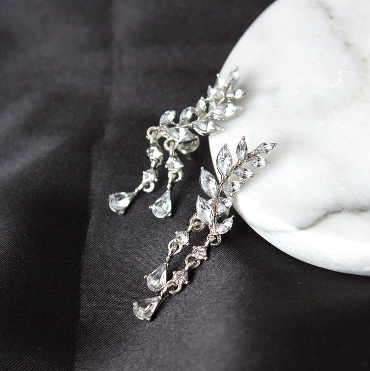 Rhinestone Leaf with Tassels Earrings