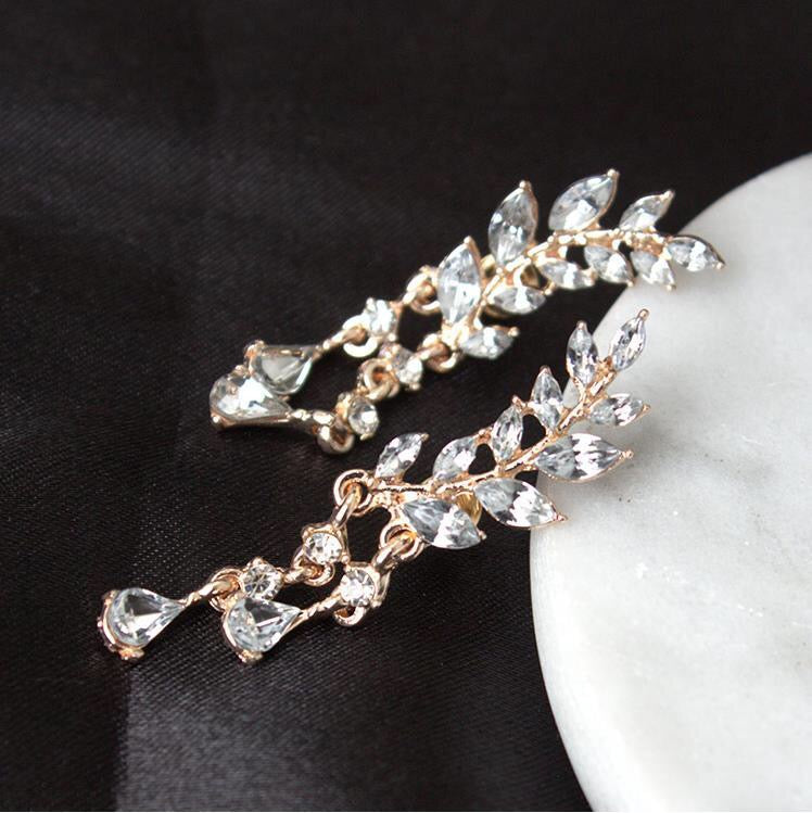 Rhinestone Leaf with Tassels Earrings