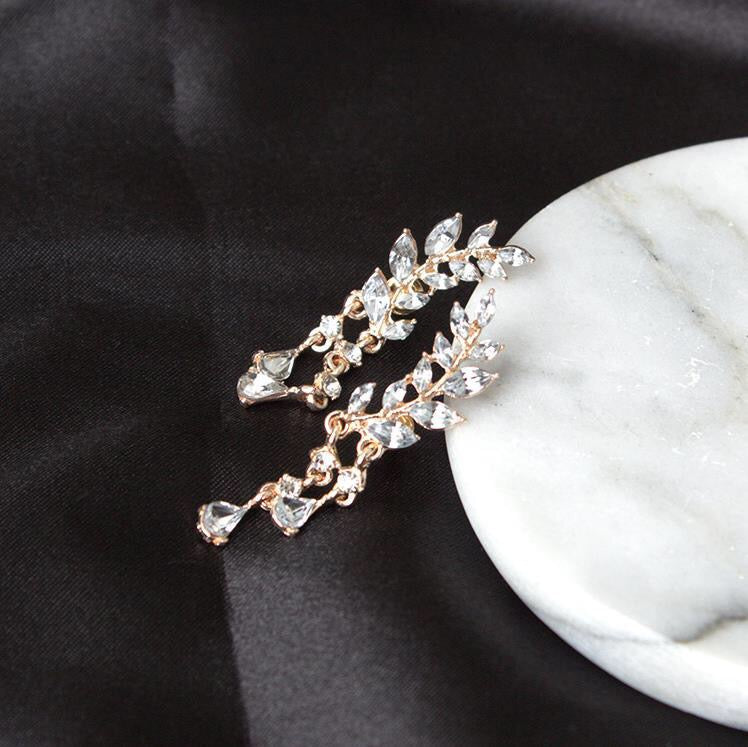 Rhinestone Leaf with Tassels Earrings