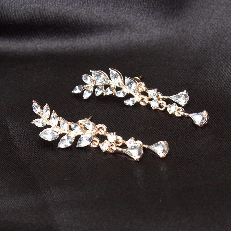 Rhinestone Leaf with Tassels Earrings