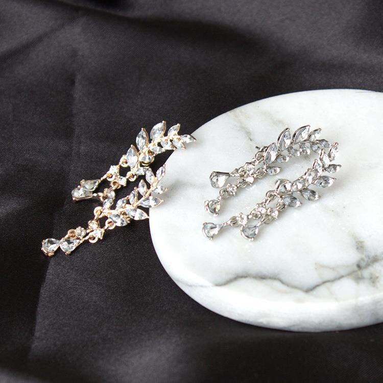 Rhinestone Leaf with Tassels Earrings