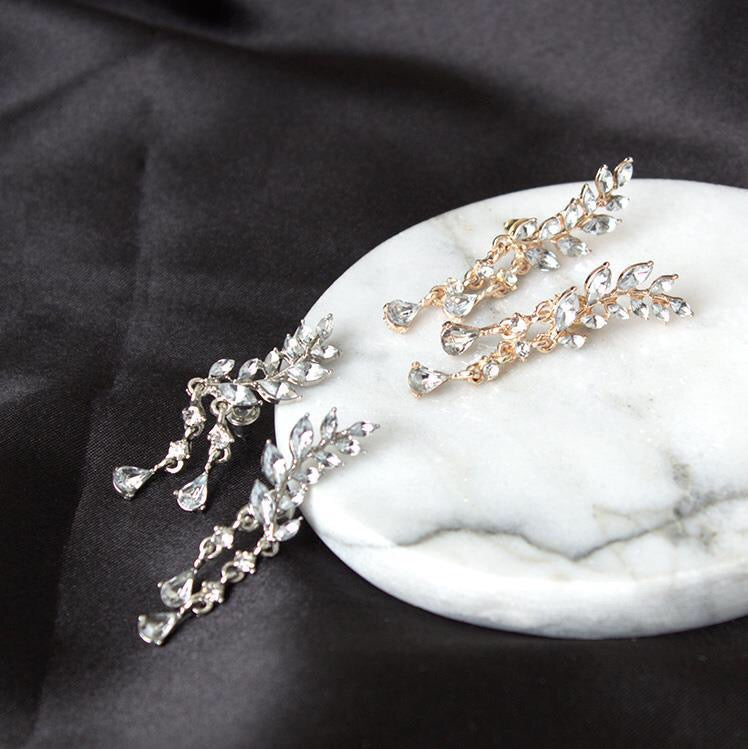 Rhinestone Leaf with Tassels Earrings