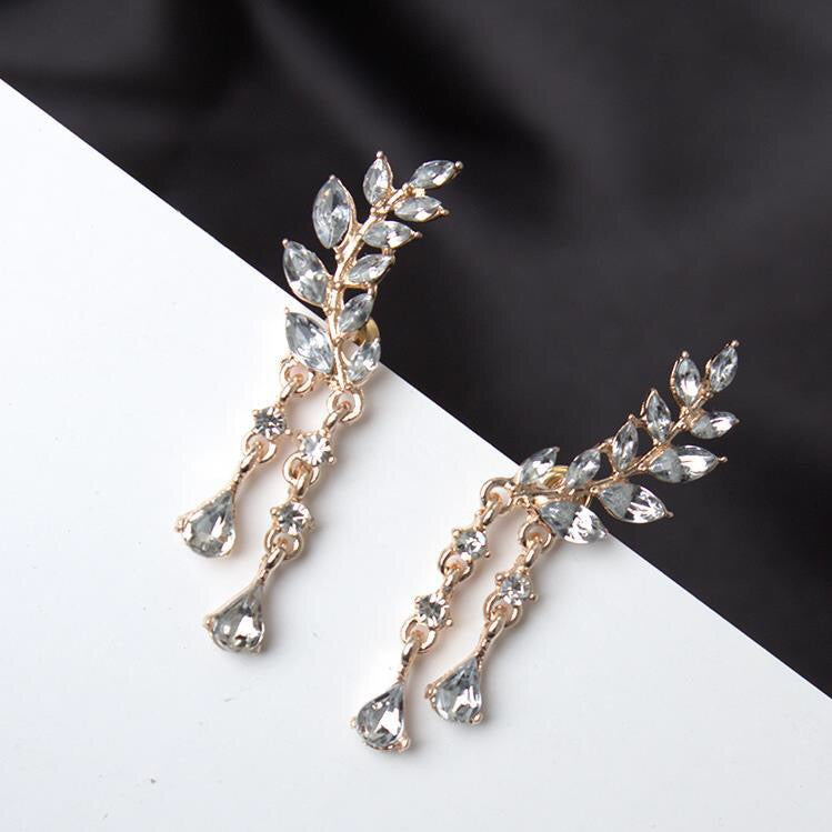 Rhinestone Leaf with Tassels Earrings
