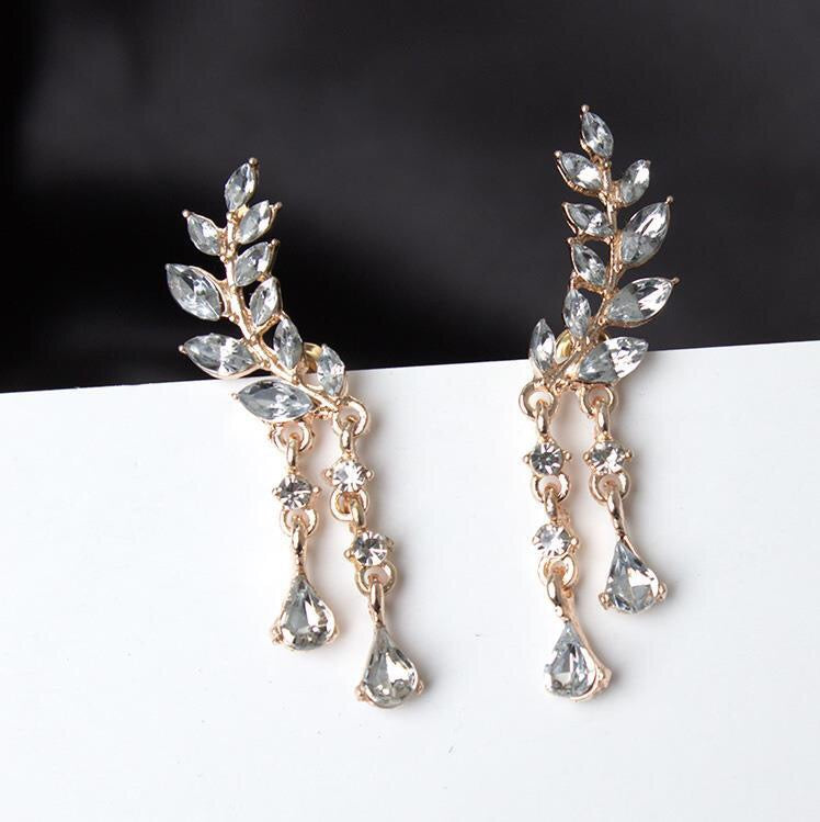 Rhinestone Leaf with Tassels Earrings