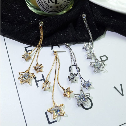 Triple Rhinestone Star Tassels Earrings