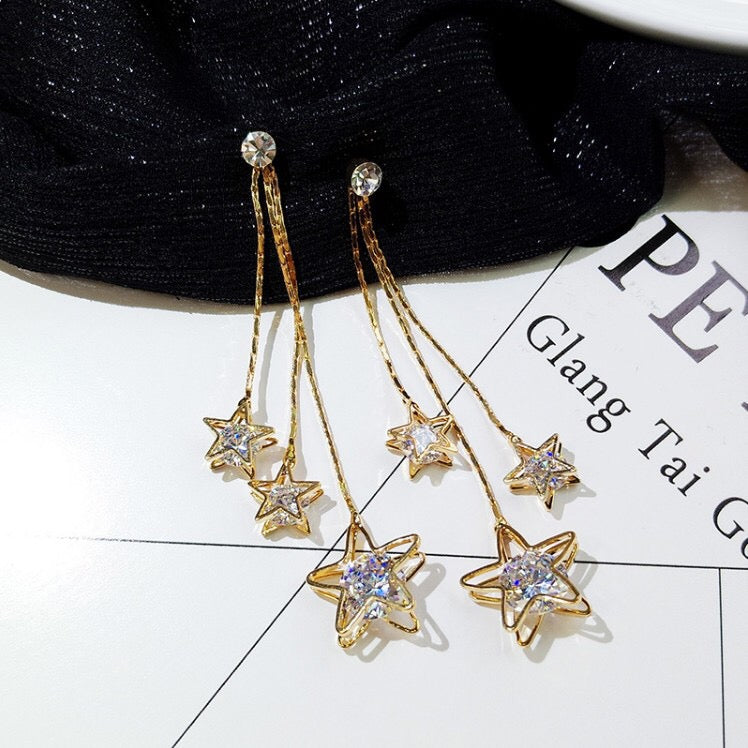 Triple Rhinestone Star Tassels Earrings