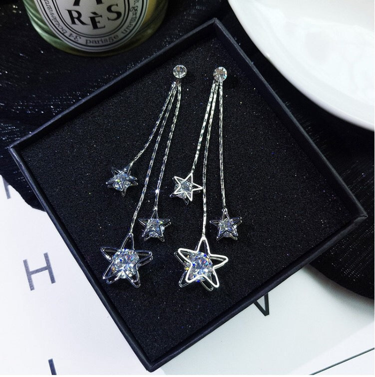 Triple Rhinestone Star Tassels Earrings