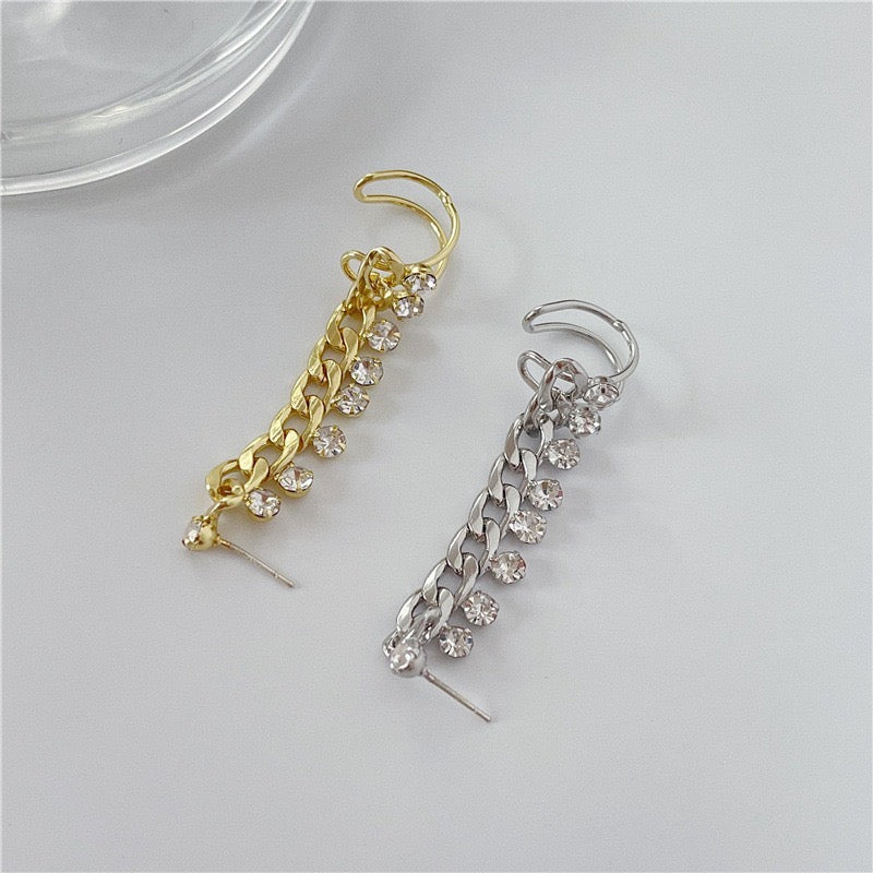 Chain with Multi-Rhinestones Single Ear Stud and Clip