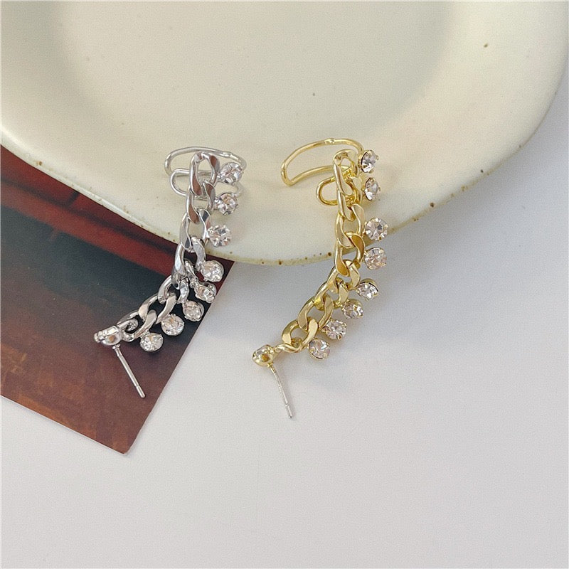 Chain with Multi-Rhinestones Single Ear Stud and Clip