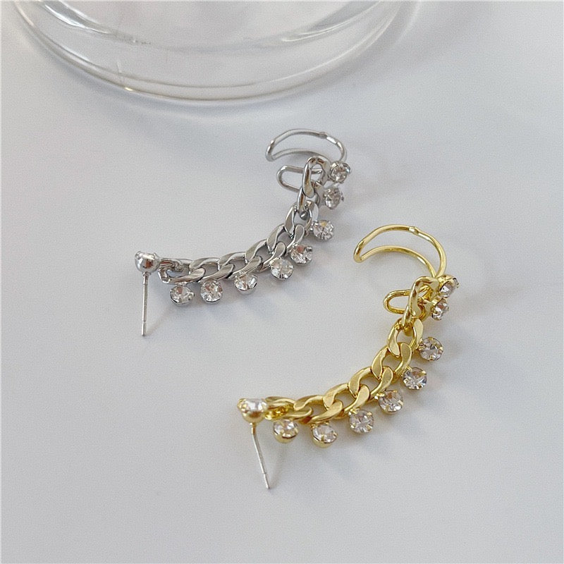 Chain with Multi-Rhinestones Single Ear Stud and Clip