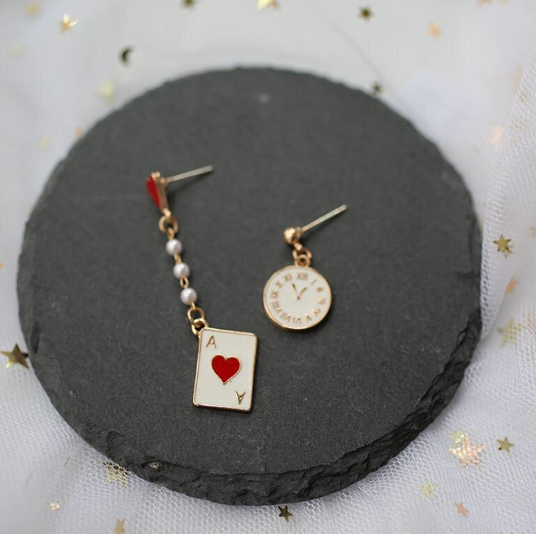 Asymmetric Dreamy Clock and Poker Card Earrings